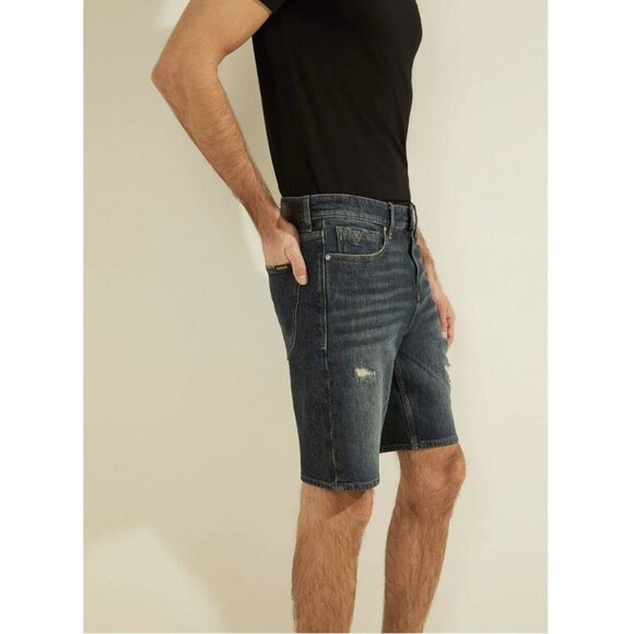 Guess Men's Slim Fit Distressed & Repair Shorts Dark Denim Size 30 - Picture 2 of 3